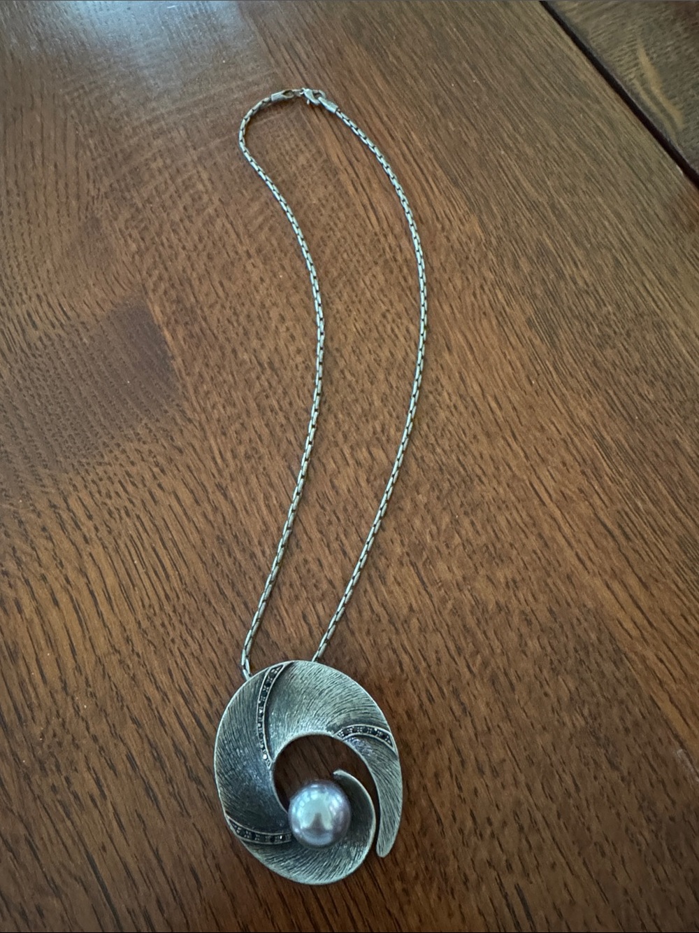 Silver-Tone Spiral Pendant Necklace with Pearl Accent